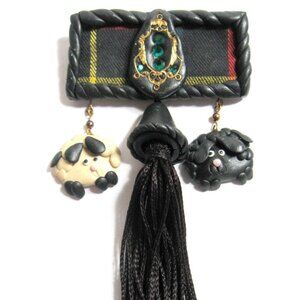 Vintage Black Tassel Brooch w/Tartan Wooly Black Sheep-White Sheep-Signed JK